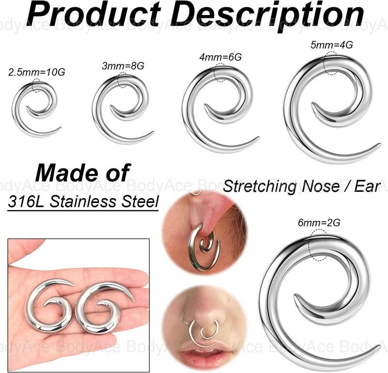 BodyAce Stainless Steel Ear Weights Gauges, Spiral Earrings Expander Snail Twist Ear Plugs, Earring Stretching Tapers Ear Gauge 2/4/6/8/10g Piercings Jewelry - Image 2